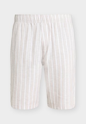 Pantalones cortos para hombre a rayas verticales en beige y blanco, con cintura elástica y bragueta frontal, exhibidos sobre un fondo liso.