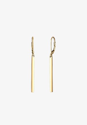 Boucles d'oreilles à pampilles dorées avec un design de barres allongées et épurées, dotées d'une texture lisse et d'une fermeture à levier. Esthétique simple et moderne.