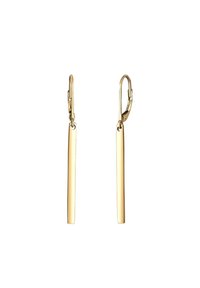 Kuld kõrvarõngad, millel on pikad, sihvakad vertikaalsed ribad. Ribad on poleeritud ja ripuvad kangkinnitusega sulgudel.