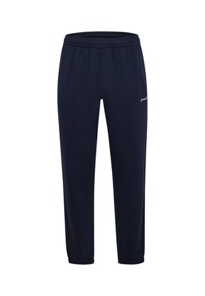 Marineblaue Jogginghose mit elastischem Bund, Bündchen an den Knöcheln und kleinem weißen Logo am linken Oberschenkel.
