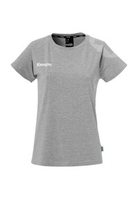 Grijze korte mouwen t-shirt gemaakt van zacht materiaal. Heeft een ronde halslijn en gaasaccenten op de schouders. "Kempa" logo in het wit op de voorkant.