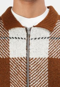 Nahaufnahme einer Person, die einen braun-weißen karierter Strick-Zippullover über einem weißen Rundhals-Shirt trägt.