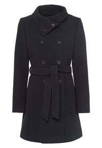 Abrigo de lana gris oscuro con un frente de doble botonadura, cuello alto y cintura con cinturón. Presenta botones negros y una textura suave.