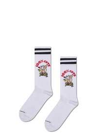 Białe skarpetki bawełniane z czarnymi paskami na górze, z czerwonym napisem "100% UROCZE" oraz ilustracją jelonka otoczonego kwiatami.