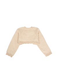 Pull en tricot court beige avec des manches longues, un col rond et des bords en dentelle festonnée sur l'ourlet et les poignets.