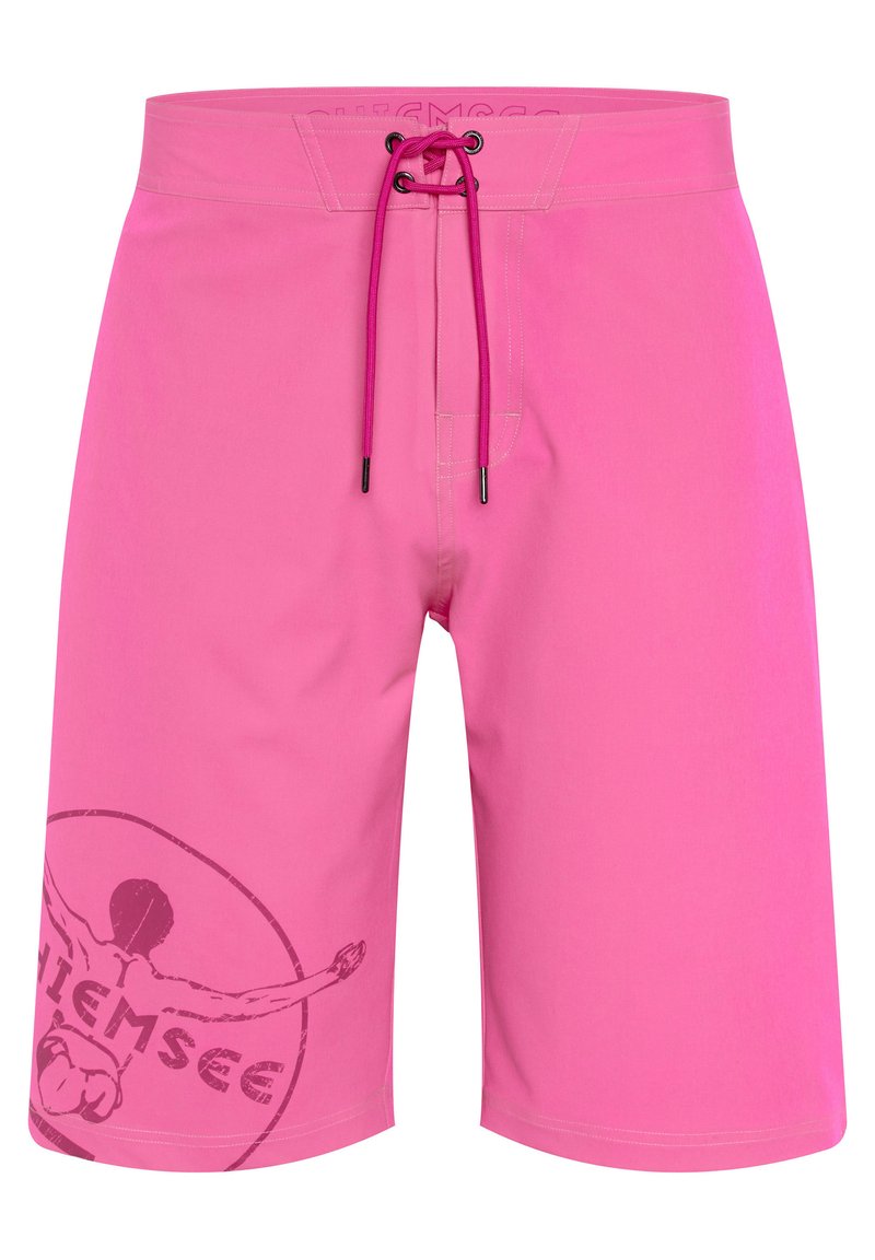 Shorts de bain roses avec une taille élastique et un cordon de serrage. Présente un imprimé graphique rond sur la jambe gauche. Tissu lisse et léger.