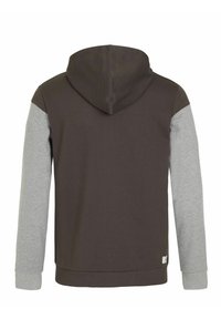Hooded sweatshirt featuring a brown body with gray long sleeves. Made of soft material, it has a kangaroo pocket and ribbed cuffs.