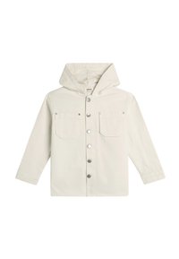 Giacca a camicia con cappuccio di un beige chiaro, realizzata in cotone, con chiusura a bottoni, due tasche sul petto e maniche lunghe. Bottoni e dettagli di cucitura argentati.