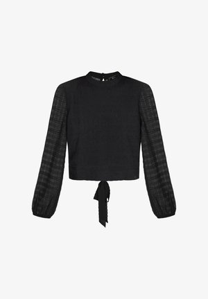 Čierny krátky top s dlhými nadýchanými rukávmi z textúrovanej látky. Má vysoký výstrih a zaväzovanie v páse.
