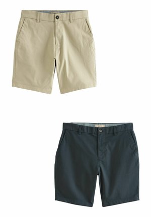 Shorts chino khaki și bleumarin, cu o textură fină, două buzunare frontale, închidere cu buton și o croială modernă, ajustată.