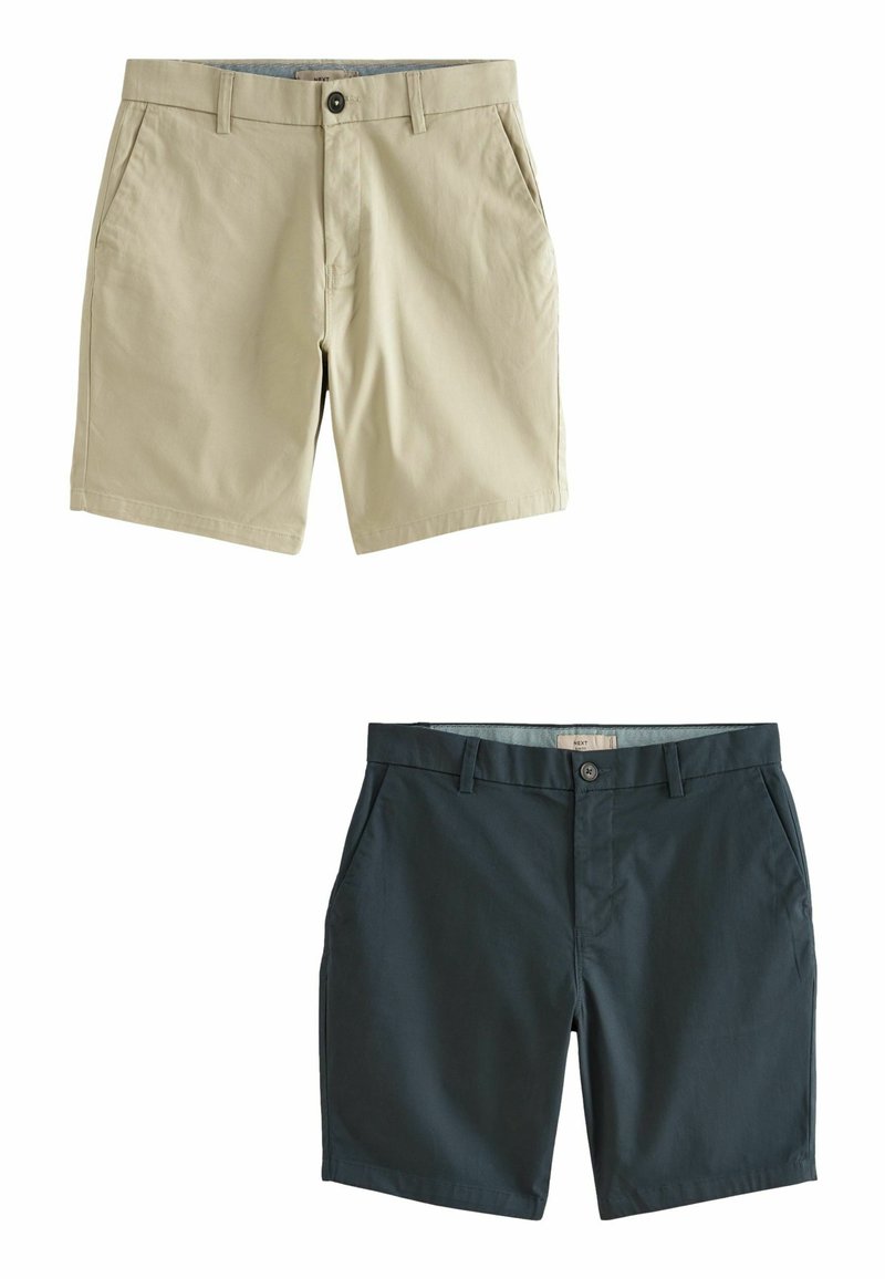 Shorts chino khaki și bleumarin, cu o textură fină, două buzunare frontale, închidere cu buton și o croială modernă, ajustată.