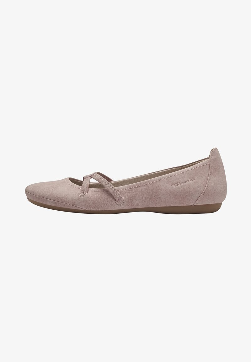 Ballerines en daim rose avec un bout rond, une bandoulière décorative sur le dessus et une semelle en caoutchouc plate pour le confort.