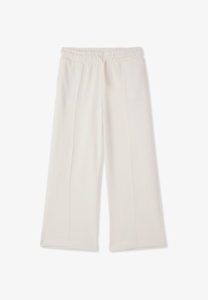 Kremowe spodnie o szerokich nogawkach wykonane z miękkiego materiału, z elastycznym pasem i dwoma bocznymi kieszeniami, charakteryzujące się czystymi liniami i brakiem widocznych wzorów.