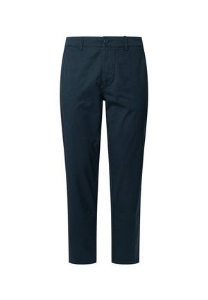 Chinos bleu marine foncé à coupe droite, dotés d'une fermeture éclair à l'avant et d'un bouton. Fabriqués en tissu doux, avec des passants de ceinture et des poches latérales.