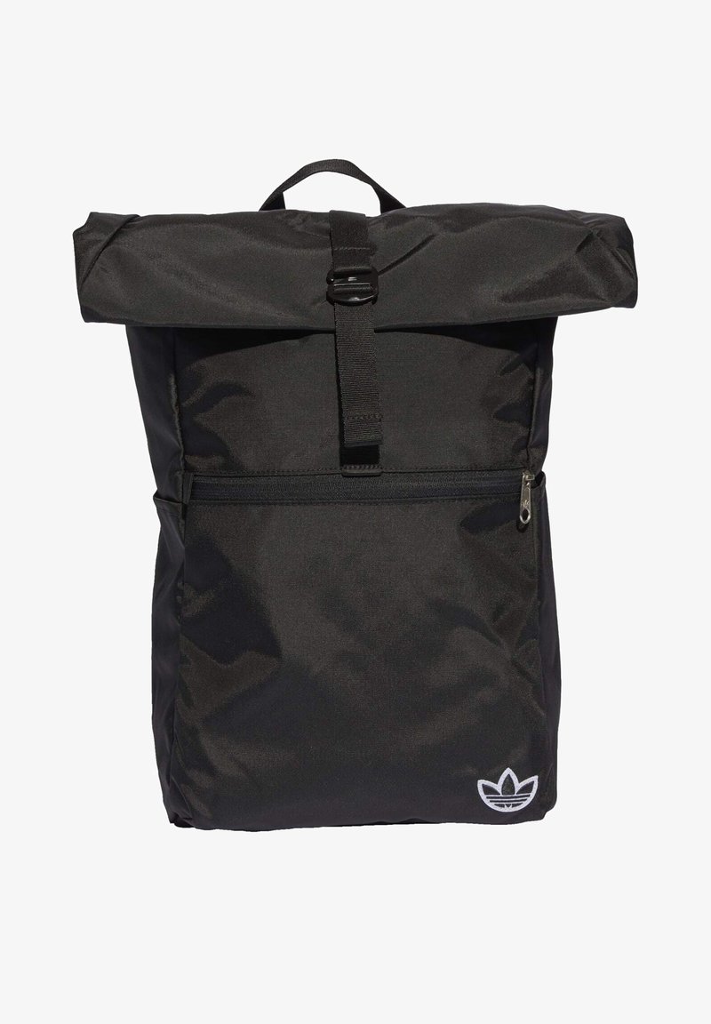 Black roll-top backpack with front zipper pocket, single buckle strap, carry handle, and white Adidas trefoil logo on bottom right.