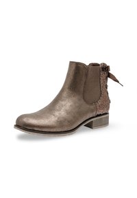 Bottines en bronze métallique avec une finition lisse, des panneaux latéraux élastiques et un détail texturé à l'arrière. Talon bas et bout rond.