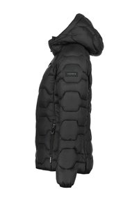 Sort pufferjakke med en tekstureret, quilted design. Har hætte, lynlåslomme på siden og elastiske manchetter for en sikker pasform.