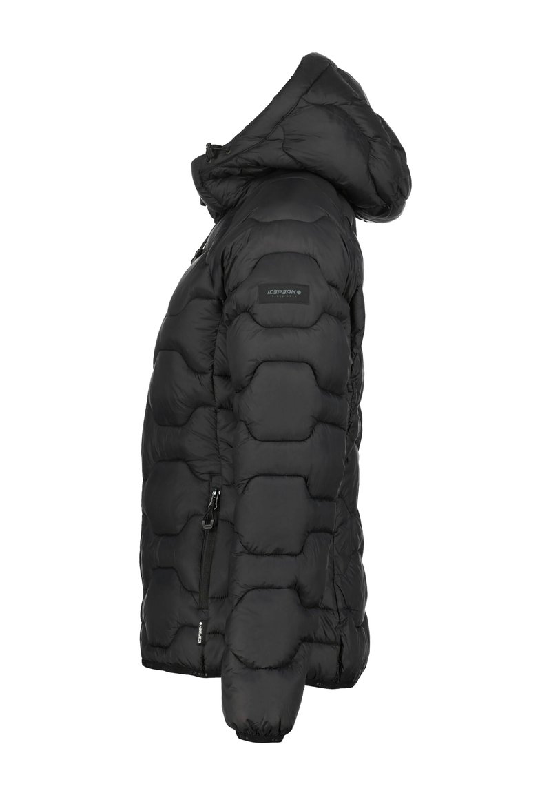Schwarze Pufferjacke mit einem strukturierten, gesteppten Design. Verfügt über eine Kapuze, einen seitlichen Reißverschluss und elastische Bündchen für eine sichere Passform.