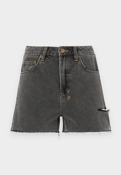 Denim shorts in dark grey with frayed hem, distressed details, and contrasting yellow stitching. Features traditional pockets and a front button.