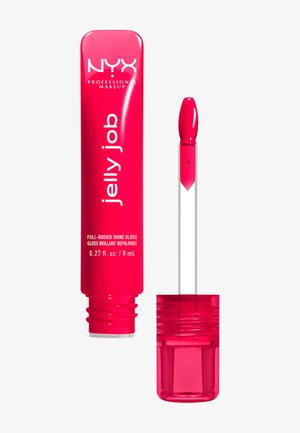 NYX Jelly Job Lippen-Gloss in einem leuchtend pinken Tubus mit einem durchsichtigen Applikator mit abgerundeter Spitze. Enthält 8 ml Produkt, mit Markenkennzeichnung versehen.