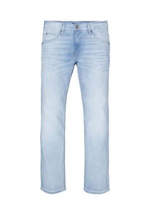 Jeans in denim azzurro chiaro con bottoni e zip frontali, stile cinque tasche, taglio a gamba dritta e sfumature sottili sulle cosce.
