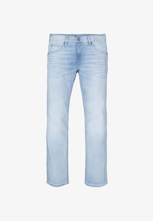 Jeans in denim azzurro chiaro con bottoni e zip frontali, stile cinque tasche, taglio a gamba dritta e sfumature sottili sulle cosce.