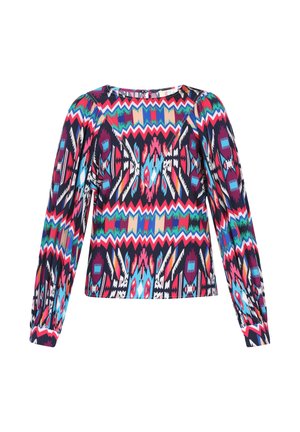 Hosszú ujjú felső élénk törzsi mintával, kék, rózsaszín és fekete árnyalatokban tengerészkék alapon; puha, könnyű anyagból készült.