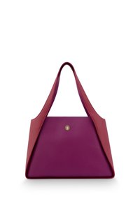 Purple leather handbag with a geometric design. Features a gold emblem and wide red straps, showcasing a smooth texture and modern shape.