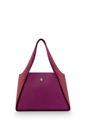 Purple leather handbag with a geometric design. Features a gold emblem and wide red straps, showcasing a smooth texture and modern shape.