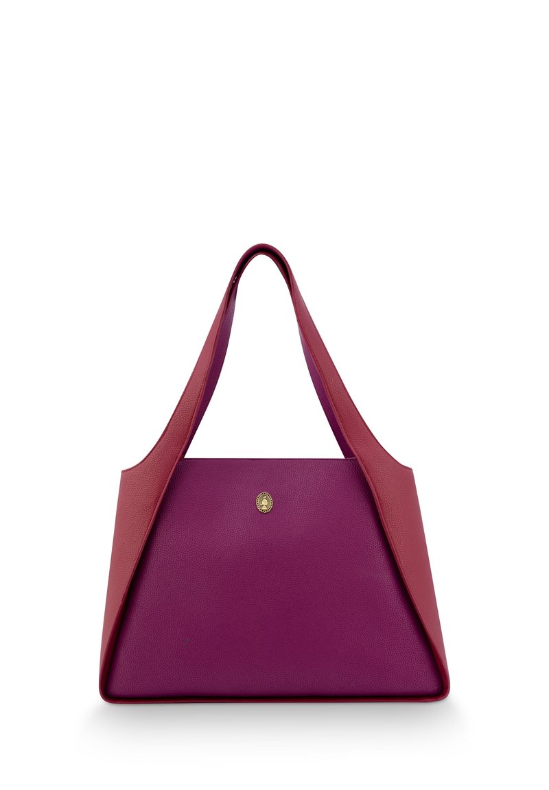 Purple leather handbag with a geometric design. Features a gold emblem and wide red straps, showcasing a smooth texture and modern shape.
