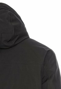Black waterproof jacket with a hood; features a smooth texture, visible stitching, and a simple, functional design.