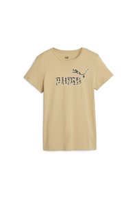 Tan cotton t-shirt featuring a camouflage pattern in the "PUMA" logo and a leaping puma graphic in a darker shade. Short sleeves, crew neck.