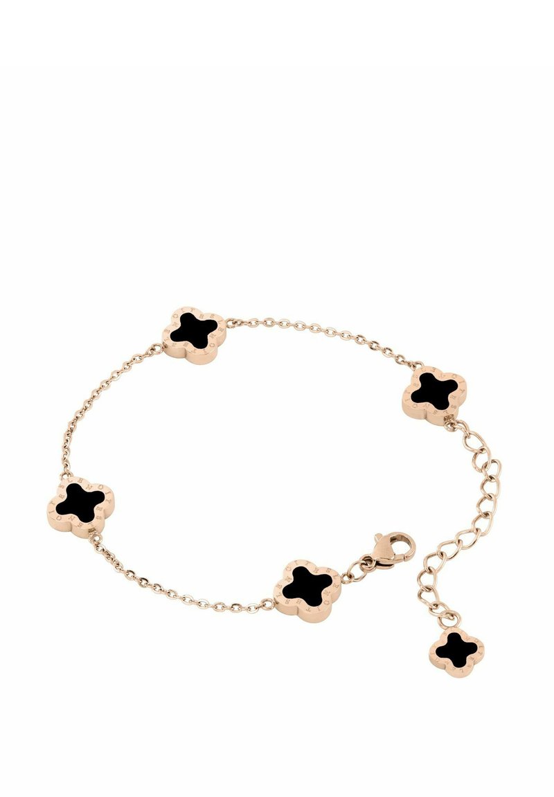 Bracciale in tono oro con cinque motivi di quadrifoglio nero, collegati da una delicata catena, con chiusura a moschettone e lunghezza regolabile.