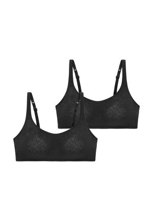 Schwarzes Bralette-Set mit Blumen-Spitzenmuster, verstellbaren Trägern und glatter Textur. Schlichte, nahtlose Form ohne Bügel.