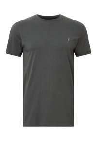 T-shirt in cotone grigio scuro con collo a giro, maniche corte e un piccolo logo sul lato sinistro del petto. Tessuto morbido e vestibilità standard.