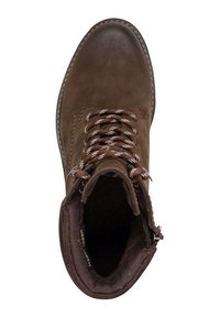 Bottines en cuir marron avec un bout rond, des lacets contrastés, une surface texturée, une doublure intérieure douce et une semelle fine cousue.