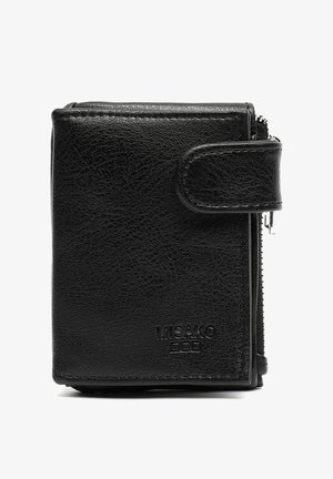 Black leather wallet with a textured surface, snap closure, and zipper feature. Notable embossed brand logo on the front. Compact square shape.