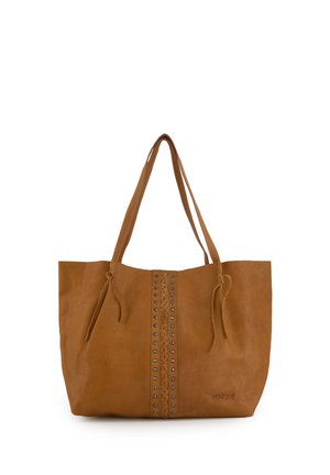 Bruine leren toetas met gevlochten en met studs versierde verticale strook, dubbele schouderbanden en "VENEZIA"-logo ingedrukt aan de onderkant rechts.