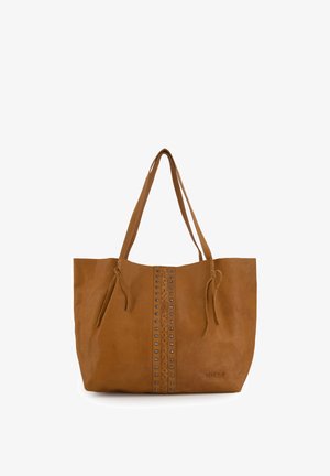 Bruine leren toetas met gevlochten en met studs versierde verticale strook, dubbele schouderbanden en "VENEZIA"-logo ingedrukt aan de onderkant rechts.