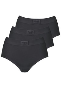 Trois paires de sous-vêtements en coton noir, avec une large ceinture portant un logo, une texture lisse et une coupe classique.