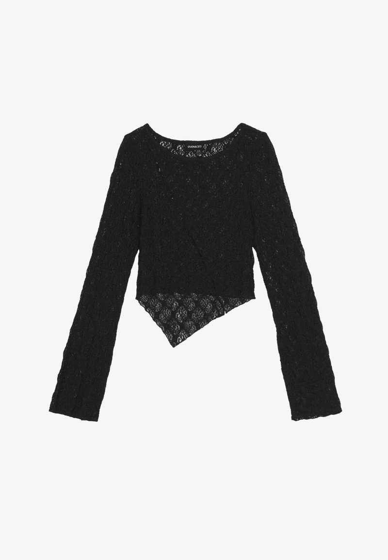 Schwarzes Spitzenshirt mit langen Ärmeln und einem cropped Vorderteil, das ein strukturiertes florales Muster und einen asymmetrischen Saum aufweist.