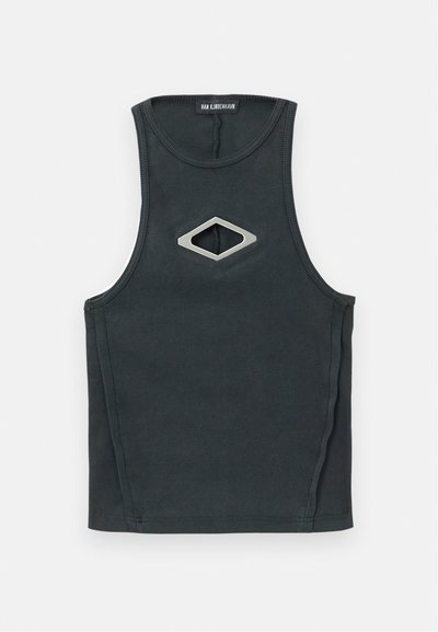 Black sleeveless ribbed tank top with a diamond-shaped cutout and a small black label at the back neck.