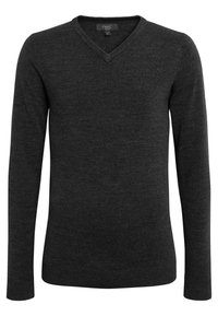 Suéter de pico en gris oscuro, confeccionado en una tela suave, con mangas largas y un diseño ajustado. No se aprecian patrones ni detalles de metal.