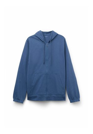 Niebieska bluza z kapturem na zamek, wykonana z materiału bawełnianego. Posiada sznurek do regulacji kaptura, przednie kieszenie oraz ściągacze na rękawach o gładkiej teksturze.
