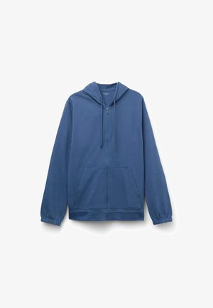 Niebieska bluza z kapturem na zamek, wykonana z materiału bawełnianego. Posiada sznurek do regulacji kaptura, przednie kieszenie oraz ściągacze na rękawach o gładkiej teksturze.