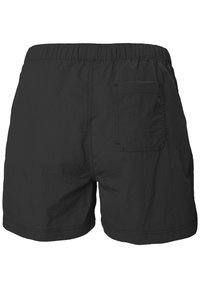 Černé plavkové šortky s elastickým pasem, jednou zadní kapsou a lehkou tkaninou s hladkou texturou.