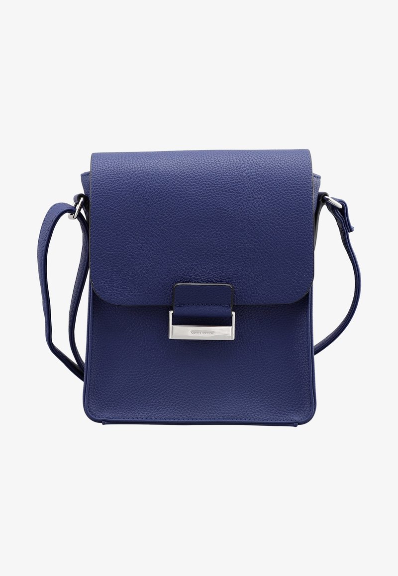 Blaue Leder-Umhängetasche mit strukturiertem Finish, rechteckiger Form, Magnetklappenverschluss und silberfarbenen Hardware-Akzenten.