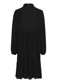 Black long-sleeve dress with a gathered waist, textured fabric, round neckline, and back keyhole detail, featuring a flared hem.