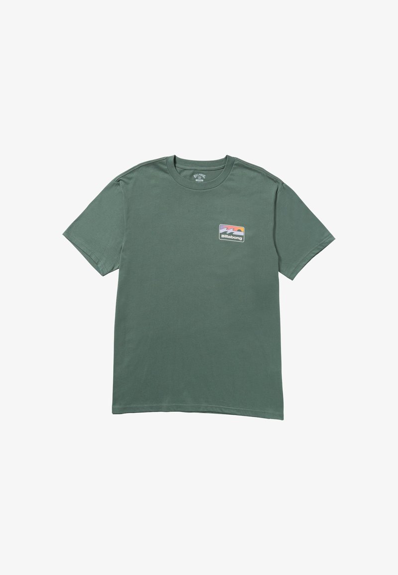 Dark green cotton t-shirt with short sleeves and a round neckline. Features a small, colorful Billabong logo on the left chest area.