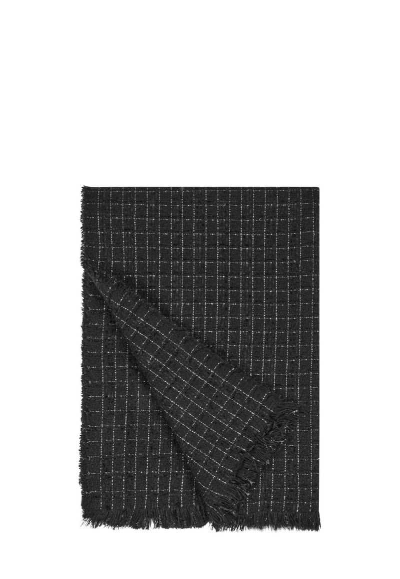 Coperta nera intrecciata con motivo a griglia bianca, con bordi frangiati e una texture morbida, piegata per mostrare lo strato interno.